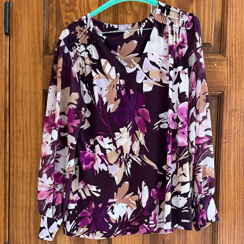 Calvin Klein Plum Floral V-Neck Long Sleeve Blouse